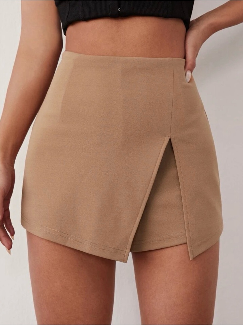 Beige High-Waist Mini Skort with Front Slit